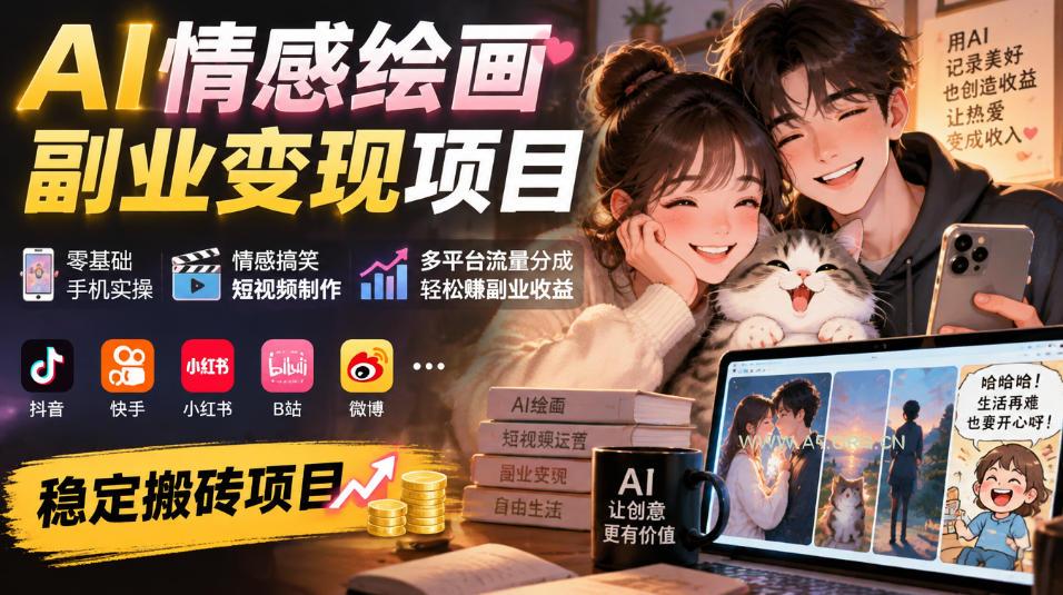 AI情感绘画副业变现项目｜零基础手机实操，情感搞笑短视频制作，多平台流量分成轻松賺副业收益-小红泡