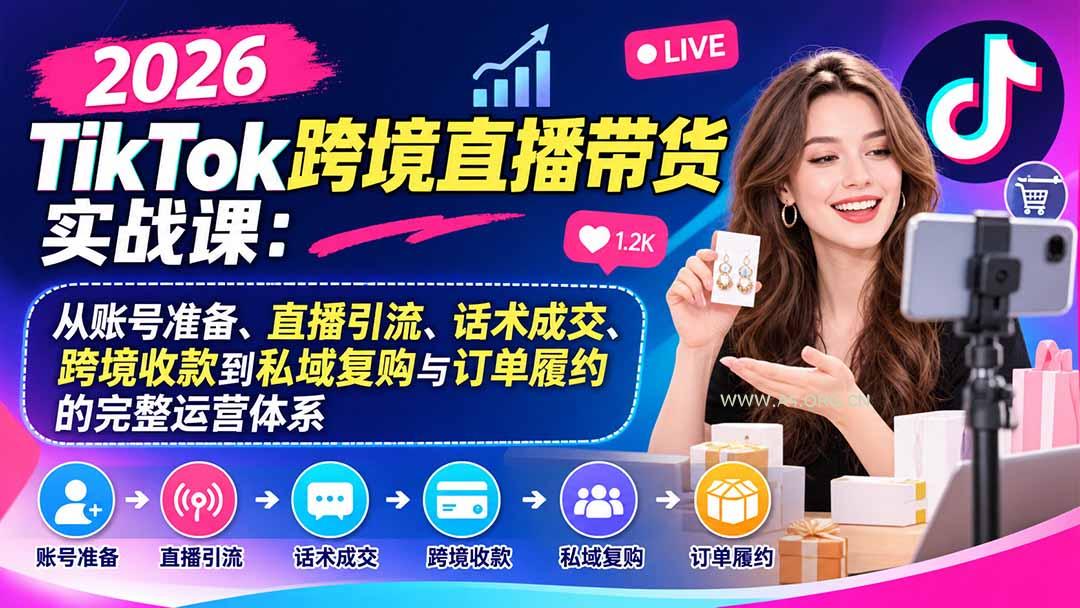 2026TikTok跨境直播带货实战课：从账号准备、直播引流、话术成交、跨境收款到私域复购与订单履约的完整运营体系-小红泡