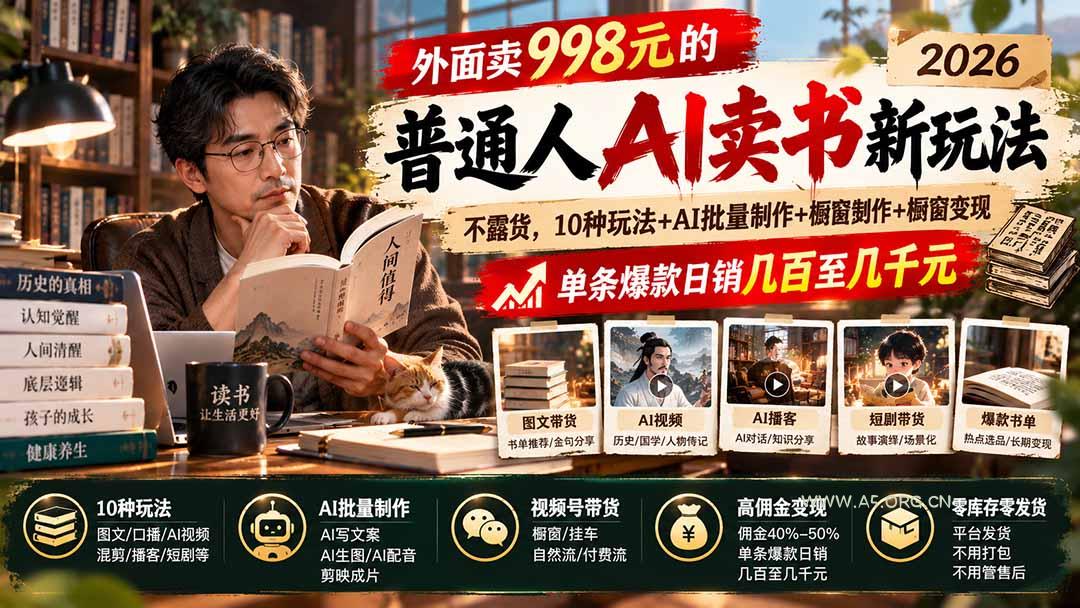 外面卖998元的2026普通人AI卖书新玩法:不露脸、不囤货,10种玩法+AI批量制作+橱窗变现,单条爆款日销几百至几千元-小红泡