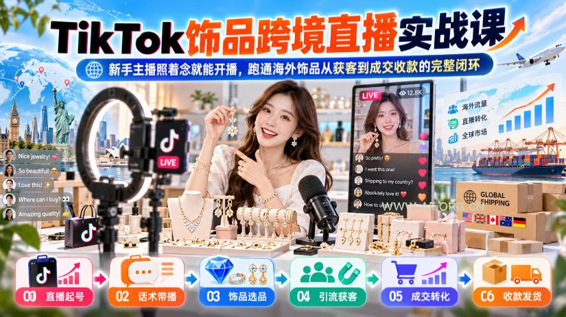 TikTok饰品跨境直播实战课，新手主播照着念就能开播，跑通海外饰品从获客到成交收款的完整闭环-小红泡