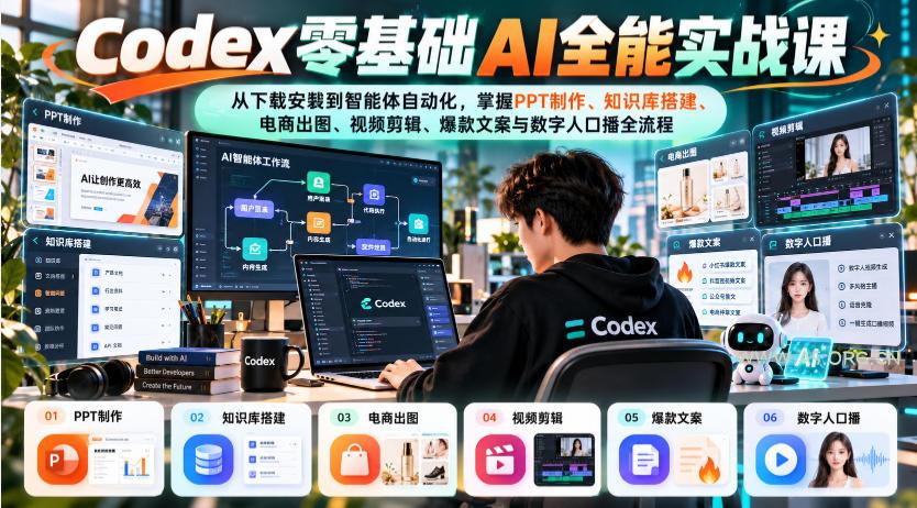 Codex零基础AI全能实战课:从下载安装到智能体自动化,掌握知识库搭建、电商出图、视频剪辑、爆款文案与数字人口播全流程-小红泡