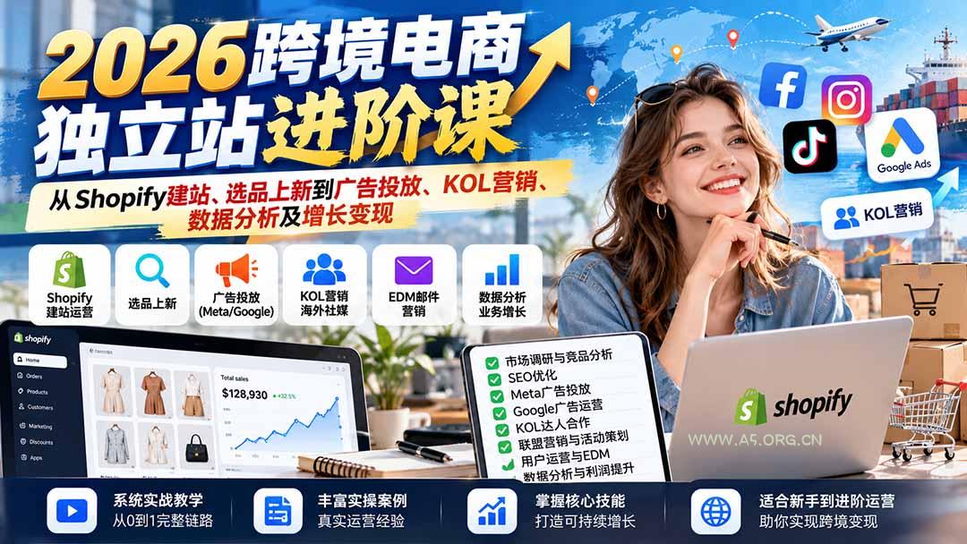 2026跨境电商独立站进阶课：从Shopify建站、选品上新到广告投放、KOL营销、数据分析及增长变现-小红泡