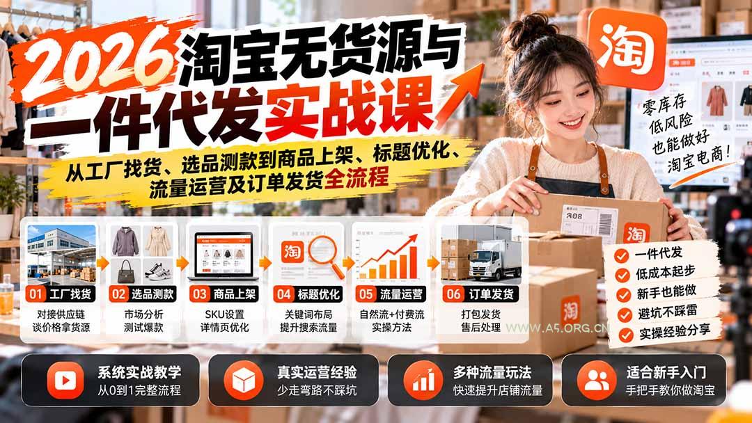 2026淘宝无货源与一件代发实战课：从工厂找货、选品测款到商品上架、标题优化、流量运营及订单发货全流程-小红泡