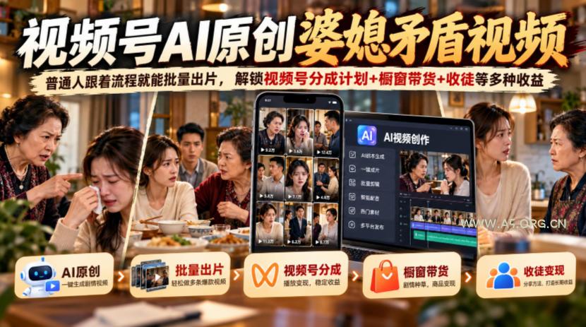 视频号ai原创婆媳矛盾视频,普通人跟着流程就能批量出片,解锁视频号分成计划+橱窗带货+收徒等多种收益-小红泡