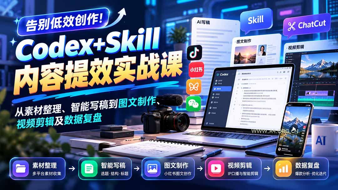【无水印】告别低效创作！Codex+Skill内容提效实战课：从素材整理、智能写稿到图文制作、视频剪辑及数据复盘-小红泡