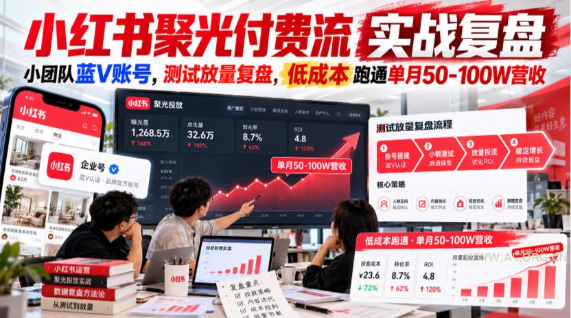 小红书聚光付费流实战复盘｜小团队蓝V账号，测试放量复盘，低成本跑通单月50‑100W营收【文档】-小红泡
