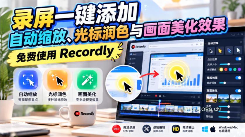 录屏一键添加自动缩放、光标润色与画面美化效果，免费使用Recordly-小红泡