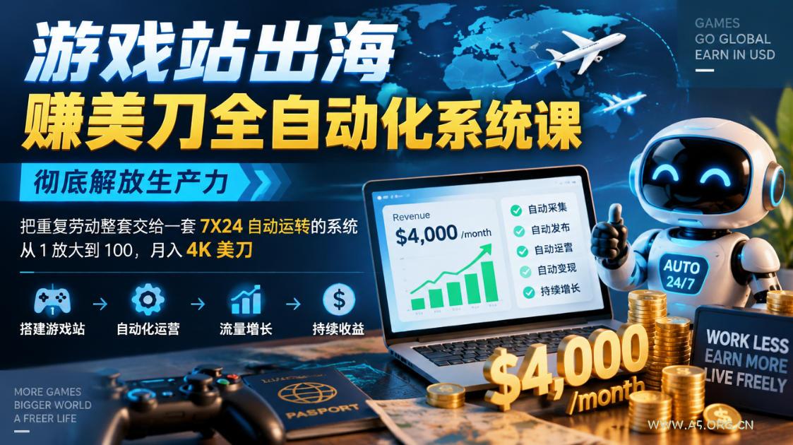 游戏站出海賺美刀全自动化系统课,彻底解放生产力–把重复劳动整套交给一套7X24自动运转的系统,从1放大到100,月入4K美刀-小红泡