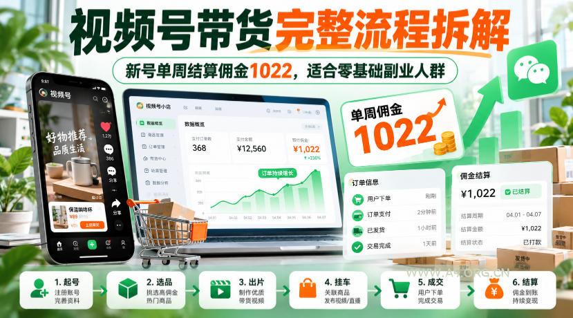视频号带货完整流程拆解，新号单周结算佣金1022，适合零基础副业人群-小红泡