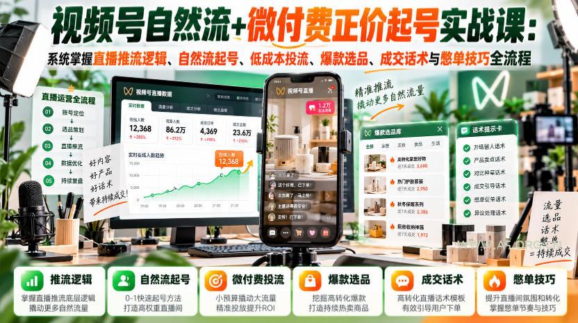 视频号自然流+微付费正价起号实战课:系统掌握直播推流逻辑、自然流起号、低成本投流、爆款选品、成交话术与憋单技巧全流程-小红泡