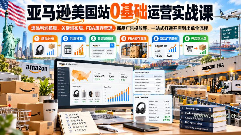 亚马逊美国站0基础运营实战课|选品利润核算、关键词布局、FBA库存管理、新品广告投放等,一站式打通开店到出单全流程-小红泡