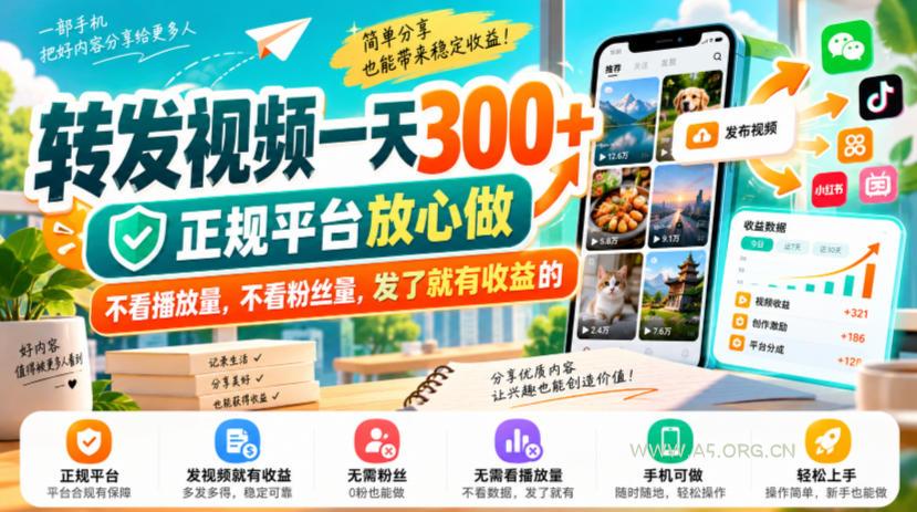 转发视频一天300+，正规平台放心做，不看播放量，不看粉丝量，发了就有收益的【揭秘】-小红泡