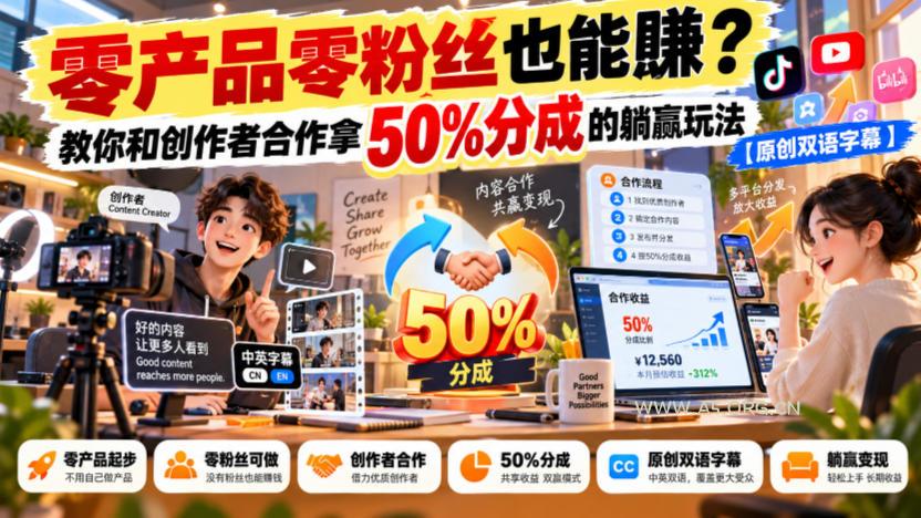 【无水印】零产品零粉丝也能賺？教你和创作者合作拿50%分成的躺赢玩法【原创双语字幕】-小红泡