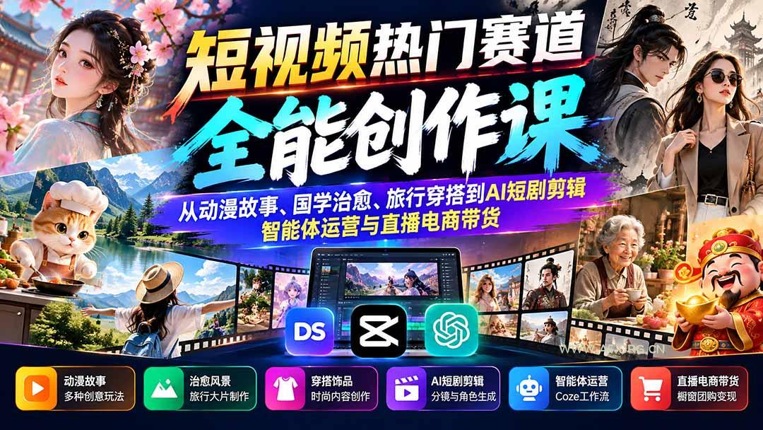 短视频热门赛道全能创作课：从动漫故事、国学治愈、旅行穿搭到AI短剧剪辑、智能体运营与直播电商带货-小红泡