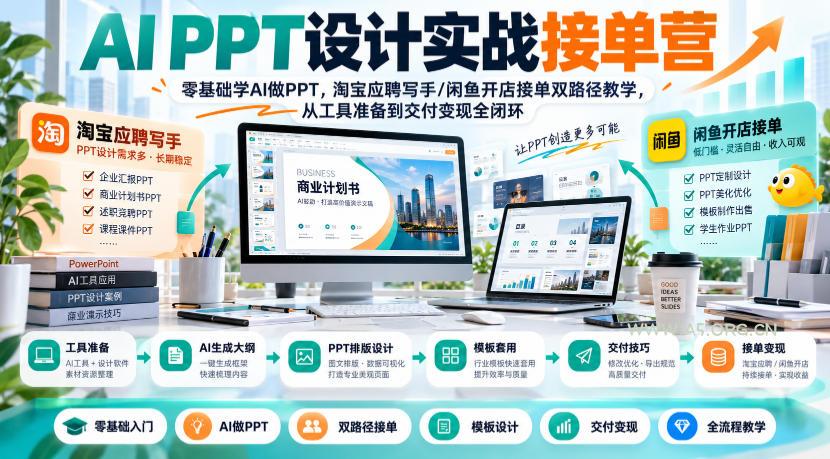 AI PPT设计实战接单营|零基础学AI做PPT,淘宝应聘写手/闲鱼开店接单双路径教学,从工具准备到交付变现全闭环-小红泡