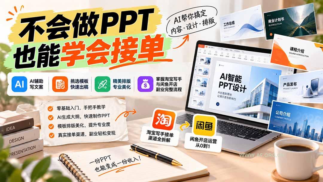 不会做PPT也能学会接单：AI辅助写文案、挑模板、做排版，掌握淘宝写手与闲鱼开店副业完整流程-小红泡