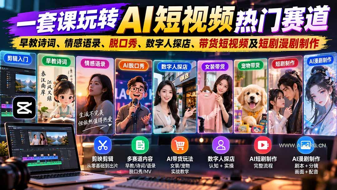 一套课玩转AI短视频热门赛道:早教诗词、情感语录、脱口秀、数字人探店、带货短视频及短剧漫剧制作 复制标题-小红泡