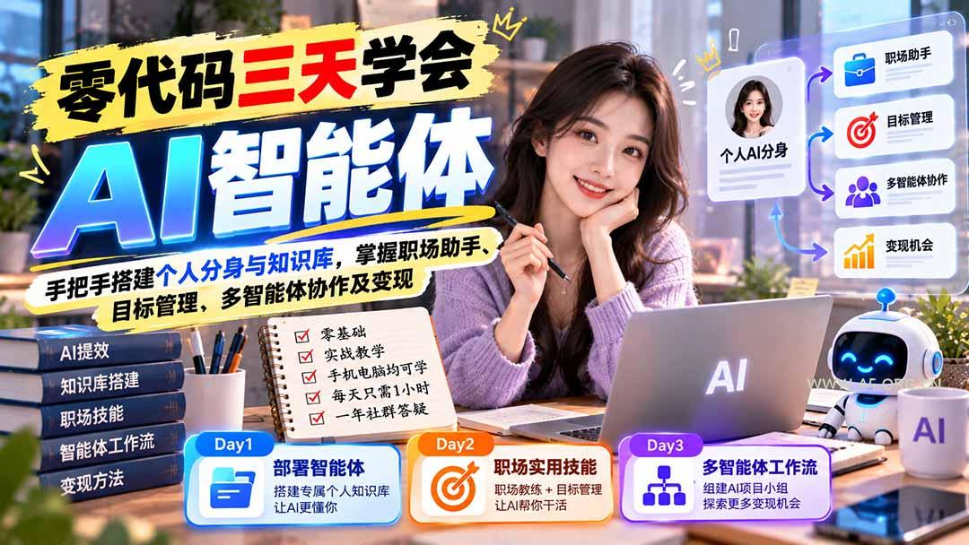 【无水印】零代码三天学会AI智能体:手把手搭建个人分身与知识库,掌握职场助手、目标管理、多智能体协作及变现-小红泡