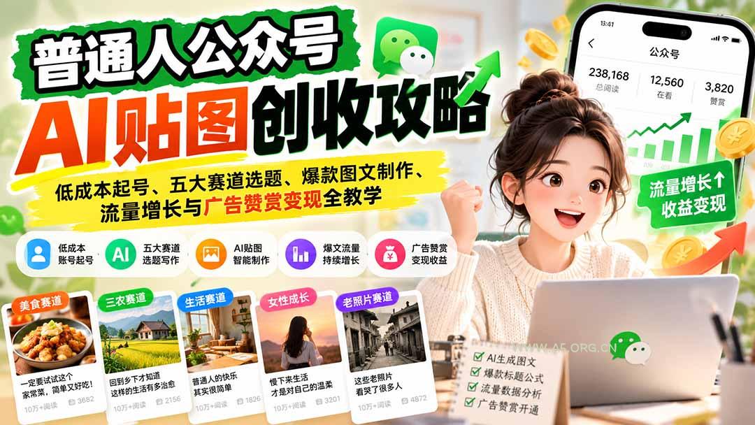 普通人公众号AI贴图创收攻略：低成本起号、五大赛道选题、爆款图文制作、流量增长与广告赞赏变现全教学-小红泡