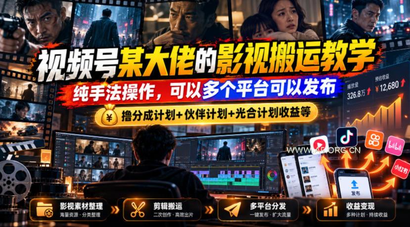 视频号某大佬的影视搬运教学，纯手法操作，可以多个平台可以发布，撸分成计划+伙伴计划+光合计划收益等-小红泡