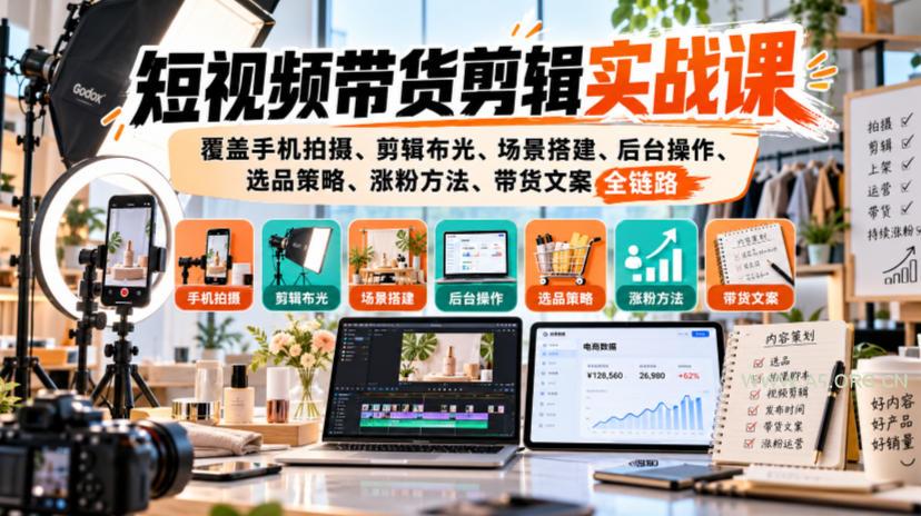 短视频带货剪辑实战课,覆盖手机拍摄、剪辑布光、场景搭建、后台操作、选品策略、涨粉方法、带货文案全链路-小红泡
