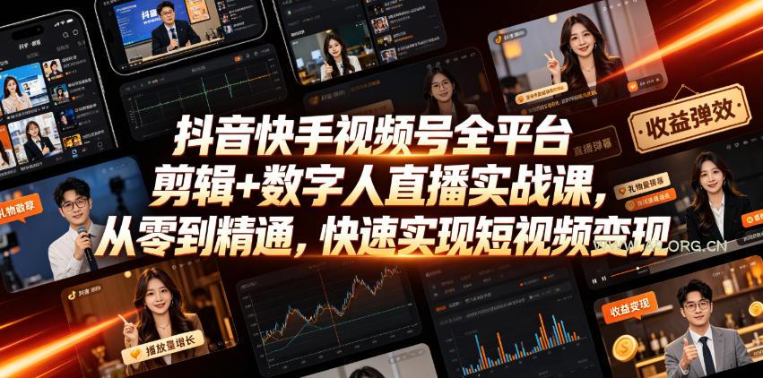 抖音快手视频号全平台剪辑+数字人直播实战课,从零到精通,快速实现短视频变现(更新2026年10月)-小红泡