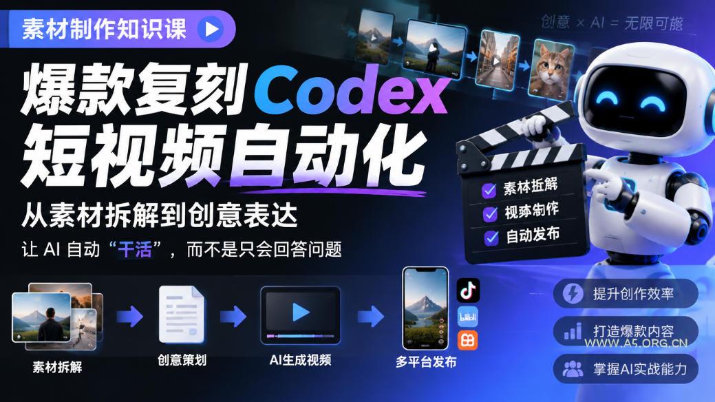 素材制作知识课,爆款复刻Codex短视频自动化,从素材拆解到创意表达,让AI自动“干活”,而不是只会回答问题-小红泡