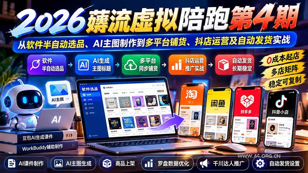 2026薅流虚拟陪跑第4期:从软件半自动选品、AI主图制作到多平台铺货、抖店运营及自动发货实战-小红泡