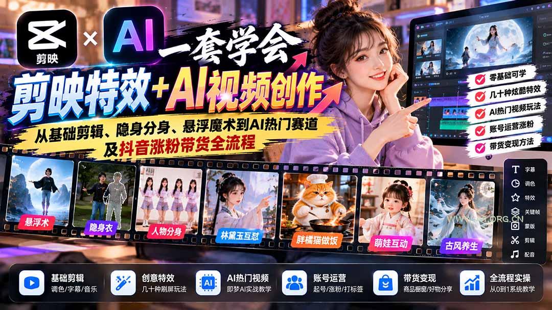 一套学会剪映特效+AI视频创作：从基础剪辑、隐身分身、悬浮魔术到AI热门赛道及抖音涨粉带货全流程-小红泡