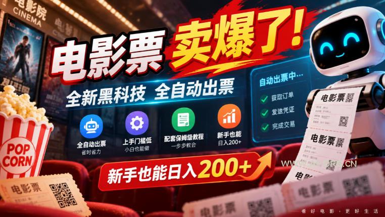 电影票卖爆了，全新黑科技全自动出票，上手门槛低，配套保姆级教程，新手也能日入200+【揭秘】-小红泡
