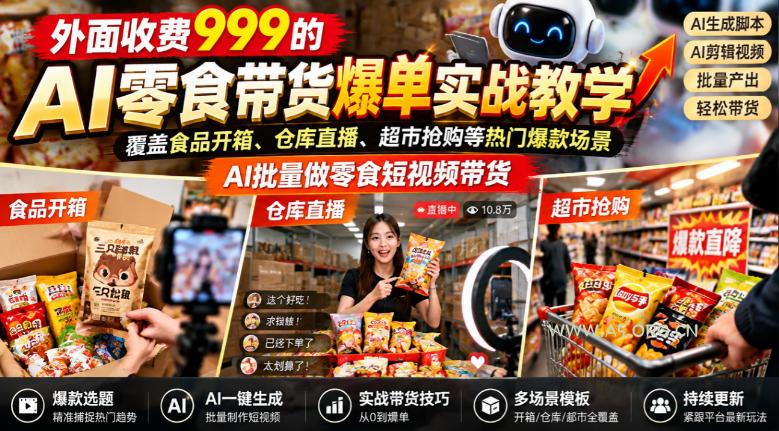 外面收费999的AI零食带货爆单实战教学,覆盖食品开箱、仓库直播、超市抢购等热门爆款场景,AI批量做零食短视频带货-小红泡