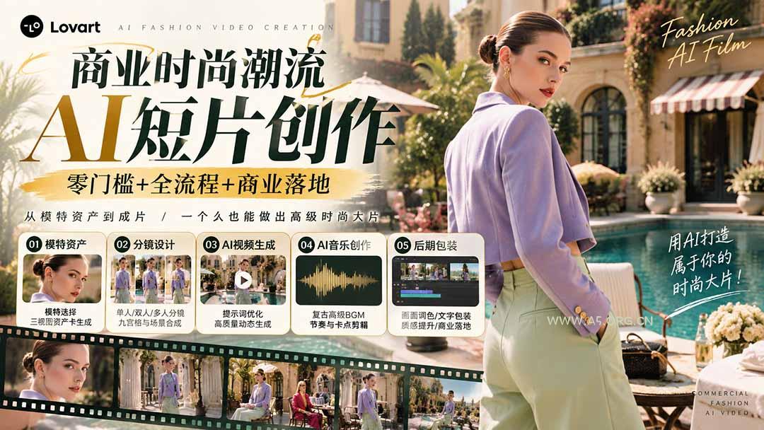 从一张模特图到高级时尚广告大片：AI三视图资产、场景合成、电影分镜、动态生成与复古音乐剪辑实战课-小红泡