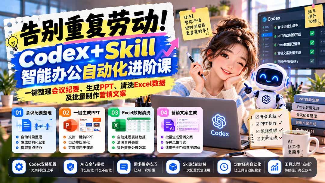 告别重复劳动！Codex+Skill智能办公自动化进阶课：一键整理会议纪要、生成PPT、清洗Excel数据及批量制作营销文案-小红泡