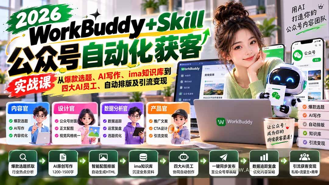 WorkBuddy + Skill公众号自动化获客实战课：从爆款选题、AI写作、ima知识库到四大AI员工、自动排版及引流变现-小红泡