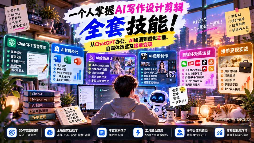 一个人掌握AI写作设计剪辑全套技能：从ChatGPT办公、AI绘画到虚拟主播、自媒体运营及接单变现-小红泡
