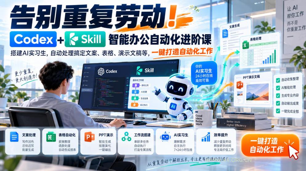 告别重复劳动！Codex+Skill智能办公自动化进阶课｜搭建AI实习生，自动处理搞定文案、表格、演示文稿等，一键打造自动化工作-小红泡