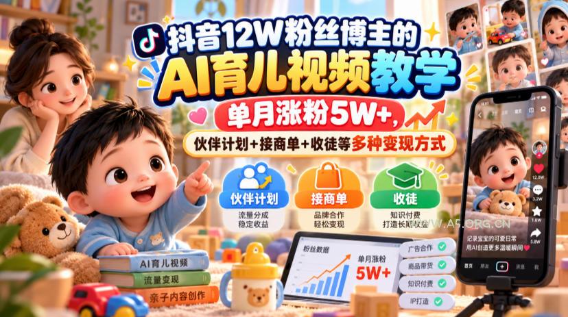 抖音12W粉丝博主的AI育儿视频教学,单月涨粉5W+,伙伴计划+接商单+收徒等多种变现方式-小红泡