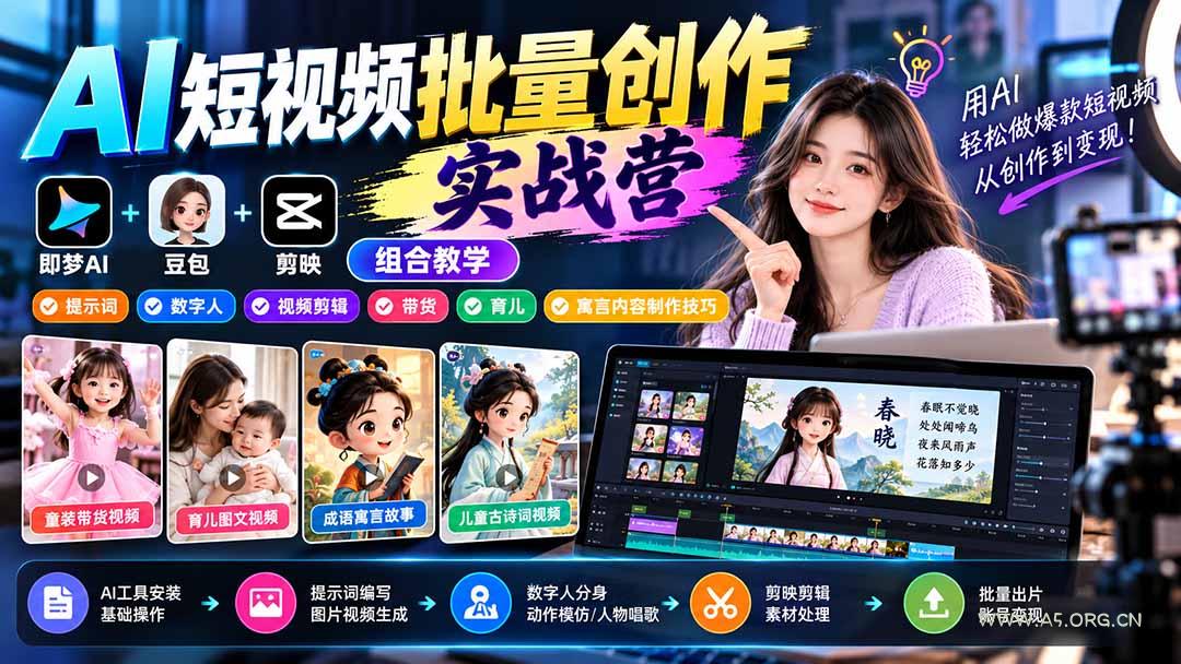 【无水印】AI短视频批量创作实战营：即梦+豆包+剪映组合教学，提示词/数字人/视频剪辑/带货/育儿/寓言内容制作技巧-小红泡