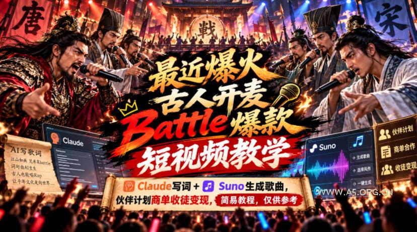 最近爆火古人开麦Battle爆款短视频教学，Claude写词+Suno生成歌曲，伙伴计划商单收徒变现，简易教程，仅供参考-小红泡