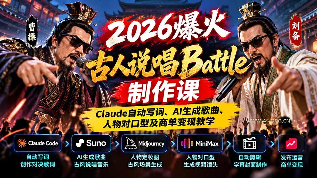 2026爆火古人说唱Battle制作课：Claude自动写词、AI生成歌曲、人物对口型及商单变现教学-小红泡