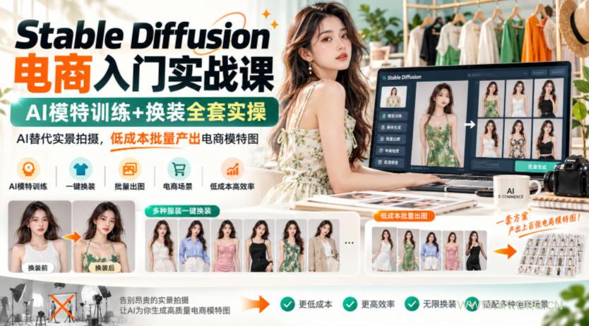 Stable Diffusion电商入门实战课，AI模特训练+换装全套实操，AI替代实景拍摄，低成本批量产出电商模特图-小红泡