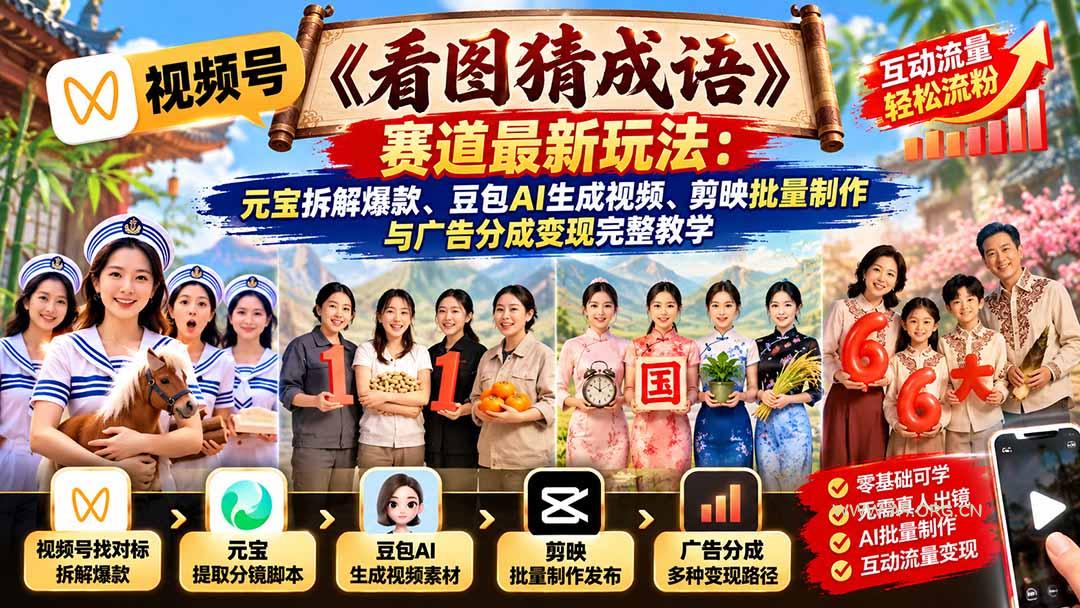 视频号《看图猜成语》赛道最新玩法：元宝拆解爆款、豆包AI生成视频、剪映批量制作与广告分成变现完整教学-小红泡