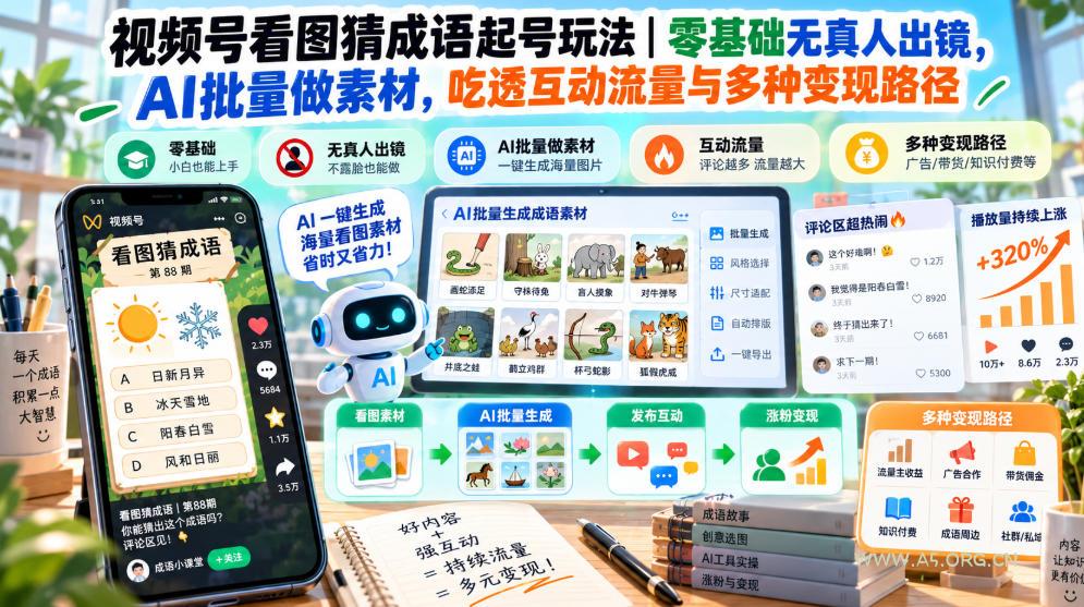 视频号看图猜成语起号玩法｜零基础无真人出镜，AI批量做素材，吃透互动流量与多种变现路径-小红泡