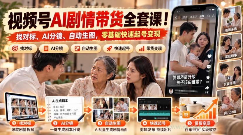 视频号AI剧情带货全套课！找对标、AI分镜、自动生图，零基础快速起号变现-小红泡
