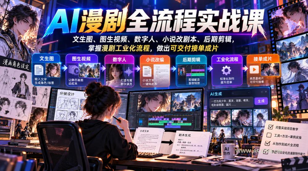 AI漫剧全流程实战课,文生图、图生视频、数字人、小说改剧本、后期剪辑,掌握漫剧工业化流程,做出可交付接单成片-小红泡