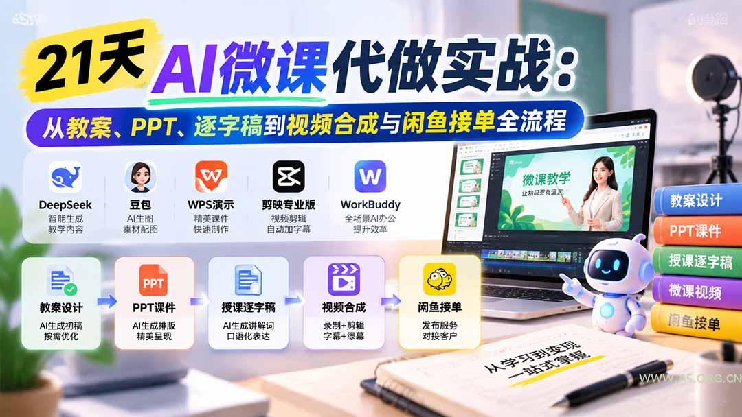 21天AI微课代做实战:从教案、PPT、逐字稿到视频合成与闲鱼接单全流程-小红泡