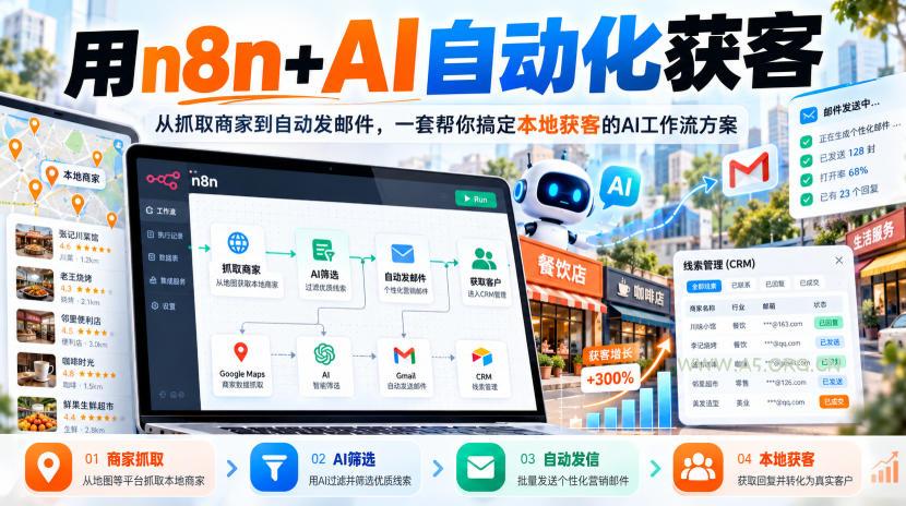 【无水印】用n8n+AI自动化获客，从抓取商家到自动发邮件，一套帮你搞定本地获客的AI工作流方案【原创双语字幕】-小红泡