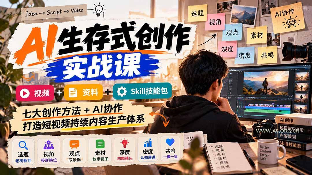 AI生存式创作实战课:视频+资料+Skill技能包,七大创作方法+AI协作,打造短视频持续内容生产体系-小红泡