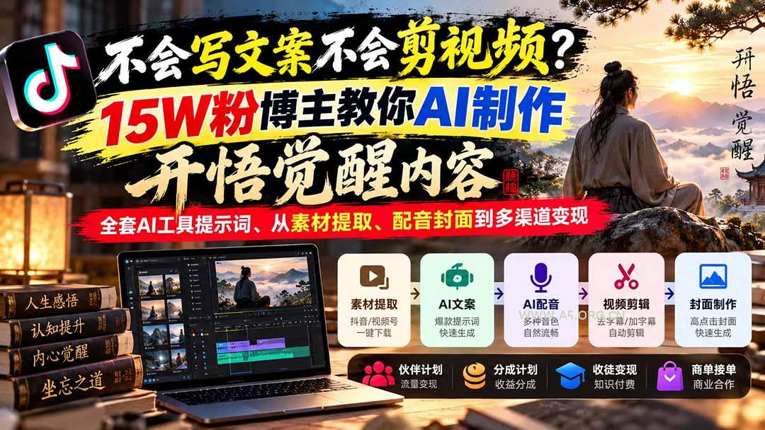 不会写文案不会剪视频？15W粉博主教你AI制作开悟觉醒内容，全套AI工具提示词、从素材提取、配音封面到多渠道变现-小红泡