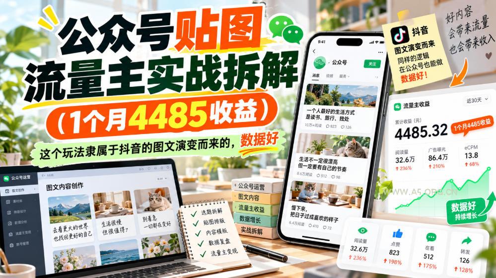 公众号贴图流量主实战拆解(1个月4485收益),这个玩法隶属于抖音的图文演变而来的,数据好-小红泡